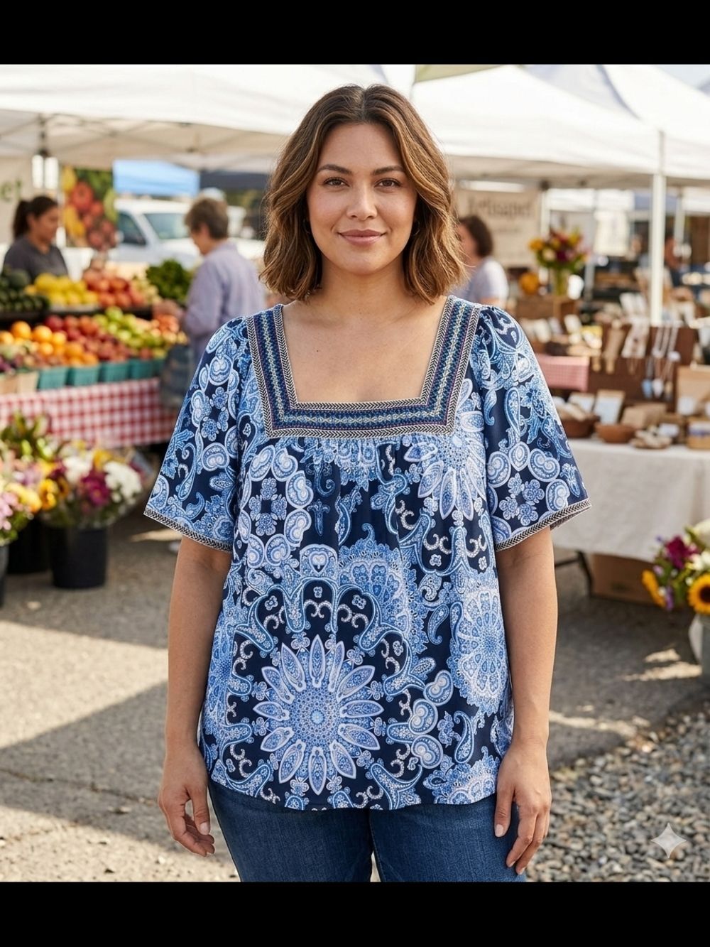 Square-Neck Paisley Print Women's Blouse in Blue XL